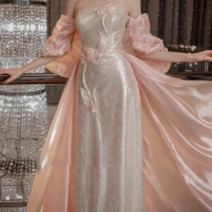 Customized Sequins Backless Off The Shoulder Puff Sleeve 2025 Evening Dresses for Women Court Train Party Dresses Prom Dress