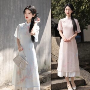 Improved Fashion Young Girl’s Long Flounced Sleeve Cheongsam Qi Pao Spring and Summer New Daily Thin Dress