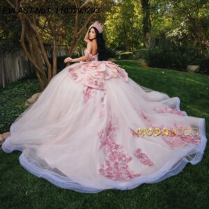 EVLAST Customized Shiny Pink Quinceanera Dress Ball Gown Floral Applique Beading Bow Corset Sweet 16 Vestido De 15 Anos E1Q320