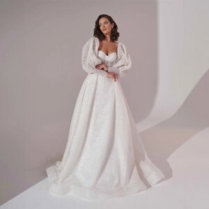 Spaghetti Straps Appliques Shiny Tulle Wedding Dress with Removable Puff Sleeve for Women Lace up Court Wedding Gown فساتين سهرة