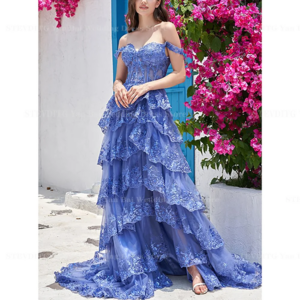 Beautiful Cake Tiered Prom Dresses Elegant Off The Shoulder A-LINE Lace Dress Formal Evening Party Red Carpet Vestido De Festa