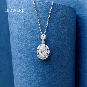 LUOWEND 100% 18K White Gold Necklace Vintage Palace Style Real Natural Diamond Pendant Necklace for Women High Party Jewelry