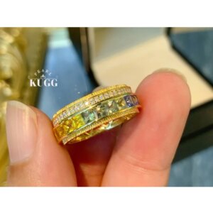 KUGG 100% 18K Yellow Gold Rings Luxury Palace Style Shiny Diamond Natural Color Sapphire Ring for Women High Party Jewelry