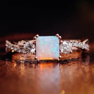 Provence 18K/14K/10K Solid Gold Cushion Cut Synthetical Opal With DEF VVS Moissanites Twist Engagement Ring Customized Jewelry