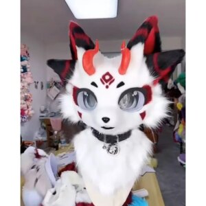 Furry White Red Imp Fox Long Fur Husky Dog Mascot Head Fursuit Party Cosplay