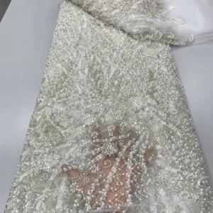 News White Lace Fabric 2025 High Quality Luxury Nigerian Beaded Lace Fabric with Sequins African Fabric for Evening Dress Q327-1