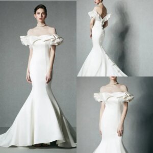 Modest Elegant Sleeveless Backless Mermaid Wedding Dresses Bow Cascading Ruffles Wedding Gown Sweep Train robe de mariée