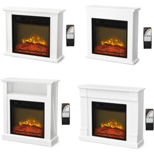 Bonnlo 25”W Freestanding Electric Fireplace Stove Space Heater with Realistic Flame, White Wood Mantel, Remote Control for Home