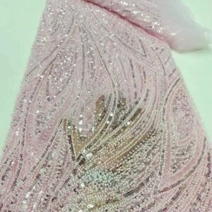 Teal Green Lace Nigerian Fabric African Lace Fabric 5 Yards High Quality 2024 Pink Beaded Tulle Lace Fabrics For Sewing KB4705