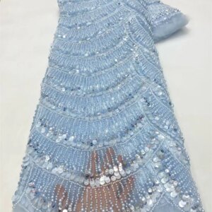 Sky Blue African Sequins Lace Fabric 2024 High Quality French Sequins Beaded Tulle Lace Fabric for Sewing Party Dresses 5 Q157-1