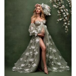 Green Maternity Dresses for Photo Illusion A Line Sweetheart Prom Gowns with Lace Appliques Customized Slit Babyshower Gowns