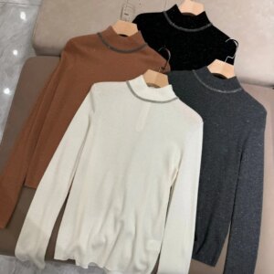 Autumn Winter Women’s Beaded Knitted Pullover Half High Collar Slim Female Knitwear Tops Long Sleeve Casual Ladies Sweater
