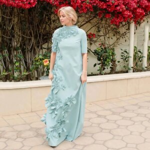 Customized Modest Baby Blue Prom Dresses Arabic Half Sleeves Wedding Party Dresses High Neck Flowers Evening Gowns Middle East