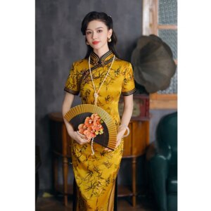 High Quality Yellow Golden Bamboo High-Grade Cheongsam for Women plus Size Heavy Industry 2024 New Improved Cheongsam Dress