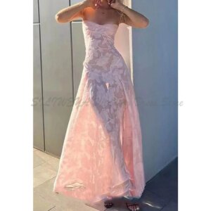 Pink Pretty Evening Dresses Women Mermaid Spaghetti Strap Floor Length High Quality Alliques Perspective Formal Occasion Party