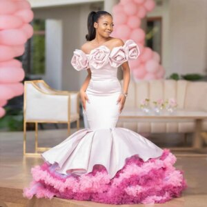 Lorencia Elegant Spanish Mermaid Prom Dresses 3D Handmade Flower African Formal Occasion Dress Evening Party For Black Girl YPD3