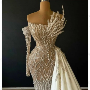 Designer Evening Dresses For Women One Shoulder Long Sleeves Sequins Beaded Sweep Train Customized Dress Party Prom Gown