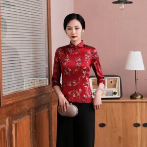 Spring and Summer New High Quality Real Silk Printing Improved 3/4 Sleeve Cheongsam Qipao Women’s Dress Top