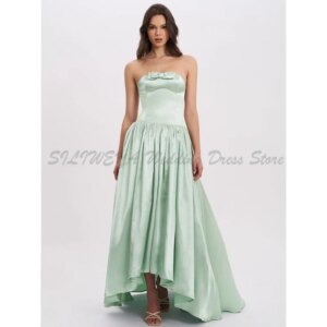 Design Satin Prom Dresses Women Strapless Sleeveless A Line Floor Length Fit Special Situation Celebrity Banquet Party Gowns