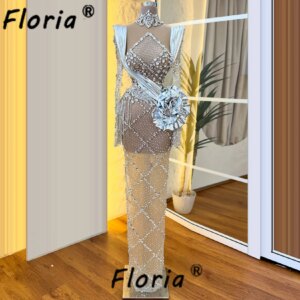 Silver Beads Crystal Floor Length Evening Dress Heavy Stones Illusion Customized Celebrity Party Dresses Robe de Soiree Femme