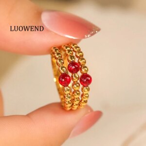 LUOWEND 100% 18K Yellow Gold Rings Fashion INS Style 0.30carat Real Natural Ruby Engagement Ring for Women High Wedding Jewelry