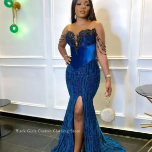 Gorgeous Sheath Mermaid Prom Dress Navy Blue Velvet Diamante Tassel Applique Sexy Split For Balck Girls فساتين سهرة Customised