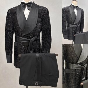 Sparkly Wedding Tuxedos Sequins Drawstring Men Suit Shawl Lapel 2 Piece Set Jacket Pants Groom Wear Business Blazers Customized