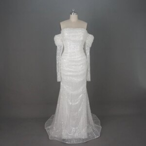 Sparkle Beading Mermaid Wedding Dress Luxury Long Sleeve Bridal Gown with Detachable Train Factory Real Photo Wholesale