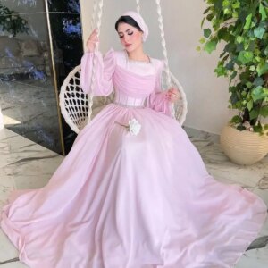 Customized Exquisite Chiffon Crystal Evening Dresses Temperament Long Sleeves Square Neck Prom Dress Custom Size Party