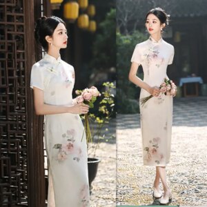 Fashion Satin Long Short Sleeve Robe Qi Pao Spring and Summer New Young Cheongsam Dress
