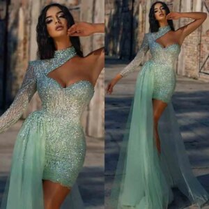 Sparkly Mermaid Prom Dress Sequins High Neck One Shoulder Long Sleeve Evening Dresses Above Knee Party Gowns Custom Made