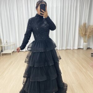 MYMB Luxury Black High Neck Long Sleeve Sequin Bodice Evening Gown with Tiered Tulle Skirt Train For Women Party Gown MB40382