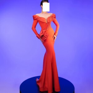 CustomizedFloor Length Saudi Evening Gowns Straight Jersey Long Sleeves Pleats Solid Color Sweep Train Fashion Special Occasion