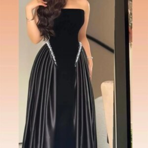 Customized Elegant Black Satin Evening Dress Fashion Crystal Draped Strapless Sleeveless Sweep Train Zipper Back Robe