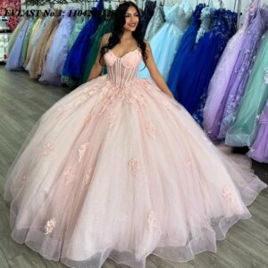EVLAST Customized Glitter Blush Pink Quinceanera Dress Ball Gown Applique Beaded Bow Corset Sweet 16 Vestido De 15 Anos E3Q328