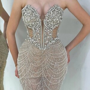 Luxury Champagne Strapless Evening Dresses Vestidos De Fiestas Elegantes Mujer Beading Wedding Party Dress Prom Dress Customized