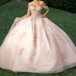 Customized Light Pink Quinceanera Dresses Off The Shoulder Applique Beads Bow Tull Ball Gown Birthday Party Sweet 16 Vestidos De