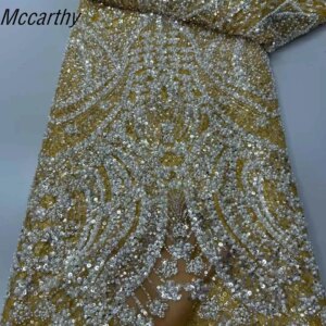 Gold African Lace Fabric 2025 High Quality Bead Sequin Lace Material French Lace Fabric For Nigerian Wedding Party Sewing ZX65HN