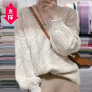 Heavy European Goods Soft Glutinous Cashmere Sweater Women’s Thick Twist Sweater Long Sleeve Loose Sweater Outer Wear Win