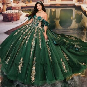 Elegant Sparkly Applique Quinceanera Dress Off the Shoulder Ball Gowns Customized Sweetheart vestidos de 15 quinceañeras verde