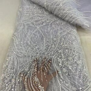 White Lace Fabric 2024 High Quality Luxury Fabric for Dress 5 Yards with Beads Embroidered Dubai New 2024 Nigerian Sequin Q171-1