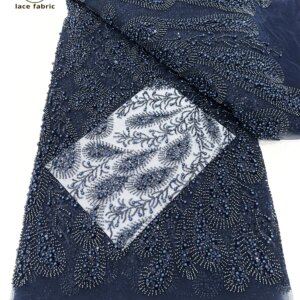 Royal Blue African Tulle Lace Fabric 2025 High Quality French Luxury Beads Lace Nigerian Sequins Beaded Lace Fabric for Wedding
