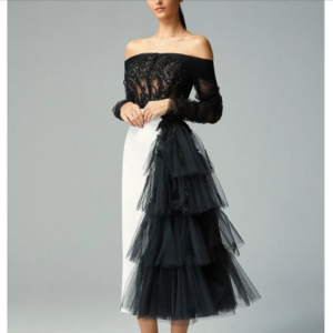 High Quality Black and White Women Prom Dresses Full Sleeves Tea Length A-Line Off Shoulder Shiny Illusion Female Banquet Gowns