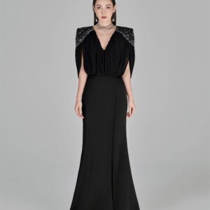 Customized Elegant Black Satin Evening Dress Exquisite Crystal V-Neck Sweep Train Half Sleeves Shawl Girdling Vestido