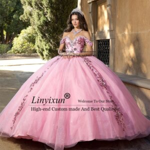 Exquisite Sparkly Applique Quinceanera Dresses Off Shoulder Sweet 16 Birthday Party Ball Gowns Customized vestidos de 15 rosa
