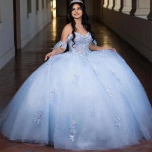 Customized Blue Off Shoulder Quinceanera Dresses Ball Gown Bead Appliques Birthday Luxury Dress 3D Flower Gown Sweet 15