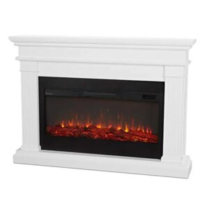 59″ White Electric Fireplace Mantel Heater Adjustable Heat Settings Realistic Log Insert Remote Control Solid Wood Construction