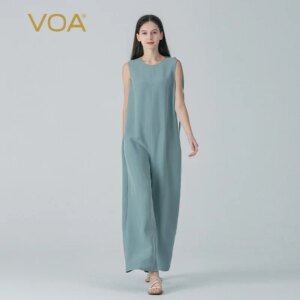 VOA 45 Momme Silk Blue O-neck Simple Sleeveless Summer Jumpsuit Women Zipper Loose Waist High-end Silk Fashion Jumpsuits KE873