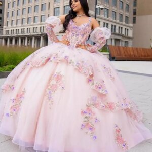 Customized pink V-neck Off Shoulder Quinceanera Dress applique Tull Lace flower vestidos de 15 Quinceanera 