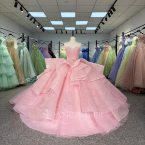Princess Pink Quinceanera Dresses Sweet Strapless Lace Flowers Beaded Ball Gown 15 16 Prom Dress Birthday Party Wear DY6866
